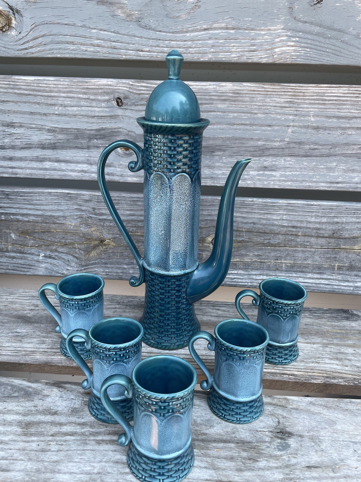 Vintage Norleans JAPAN Coffee Tea Set Pitcher w 5 Mugs Beautiful Blue RARE 🥰🥰 Vintage Norleans JAPAN Coffee Tea Set Pitcher w 5 Mugs Beautiful Blue RARE 🥰🥰
