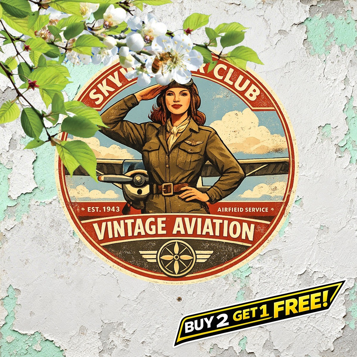 Aviation Pilot Pin Up Illustration Round Metal Tin Sign 8x8