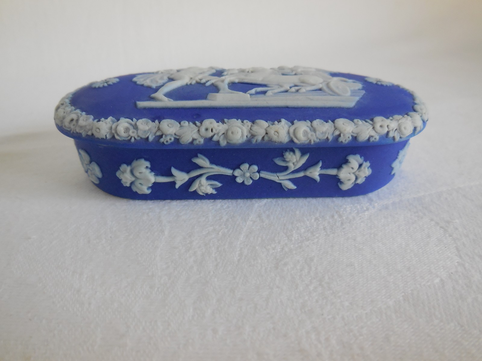 Antique c. 1860 Wedgwood Blue Dip Jasperware Oval Ulysses Box With Taper Holes Antique c. 1860 Wedgwood Blue Dip Jasperware Oval Ulysses Box With Taper Holes