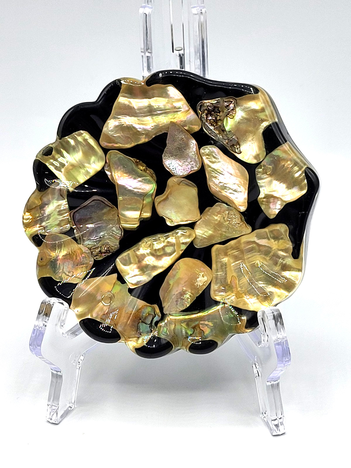 VTG. 70\'s Abalone Shell Lucite Resin Trivet /Trinket Dish Scalloped Edge Glows