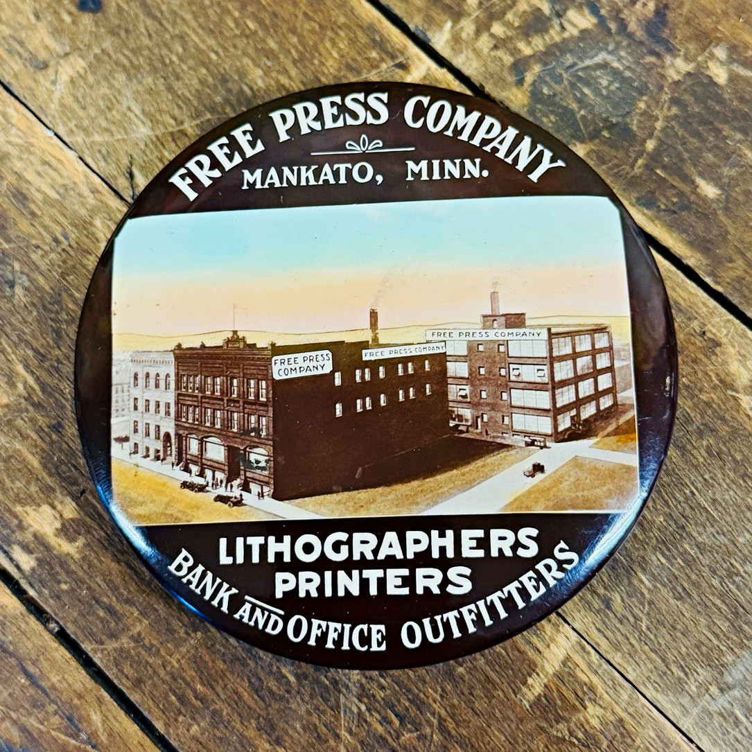 VINTAGE C. 1920 FREE PRESS COMPANY CELLULOID PAPERWEIGHT POCKET MIRROR MINNESOTA