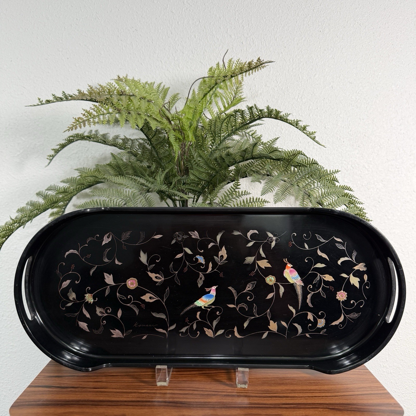 Vintage Yamamoto Kansai Lacquerware Black Tray with Bird and Floral Design