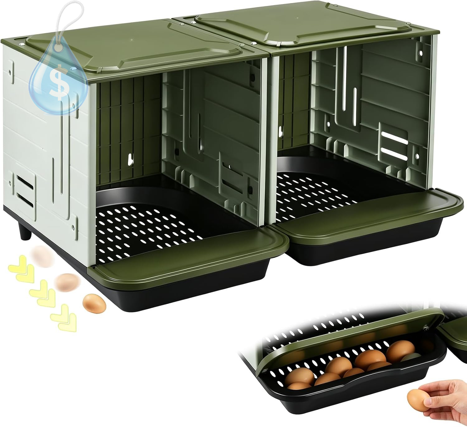 Roll Away Nesting Boxes for Chickens, 2 Compartment Chicken Nesting Box, Egg Col
