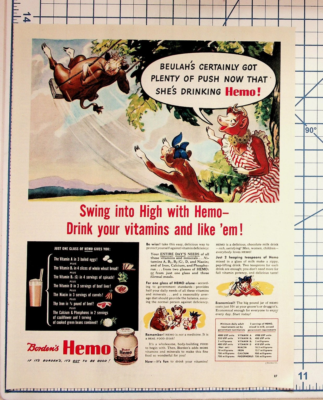 Vintage Borden's Hemo Ad Cartoon Cows Beulah Vitamin Drink Ephemera Vintage Borden's Hemo Ad Cartoon Cows Beulah Vitamin Drink Ephemera
