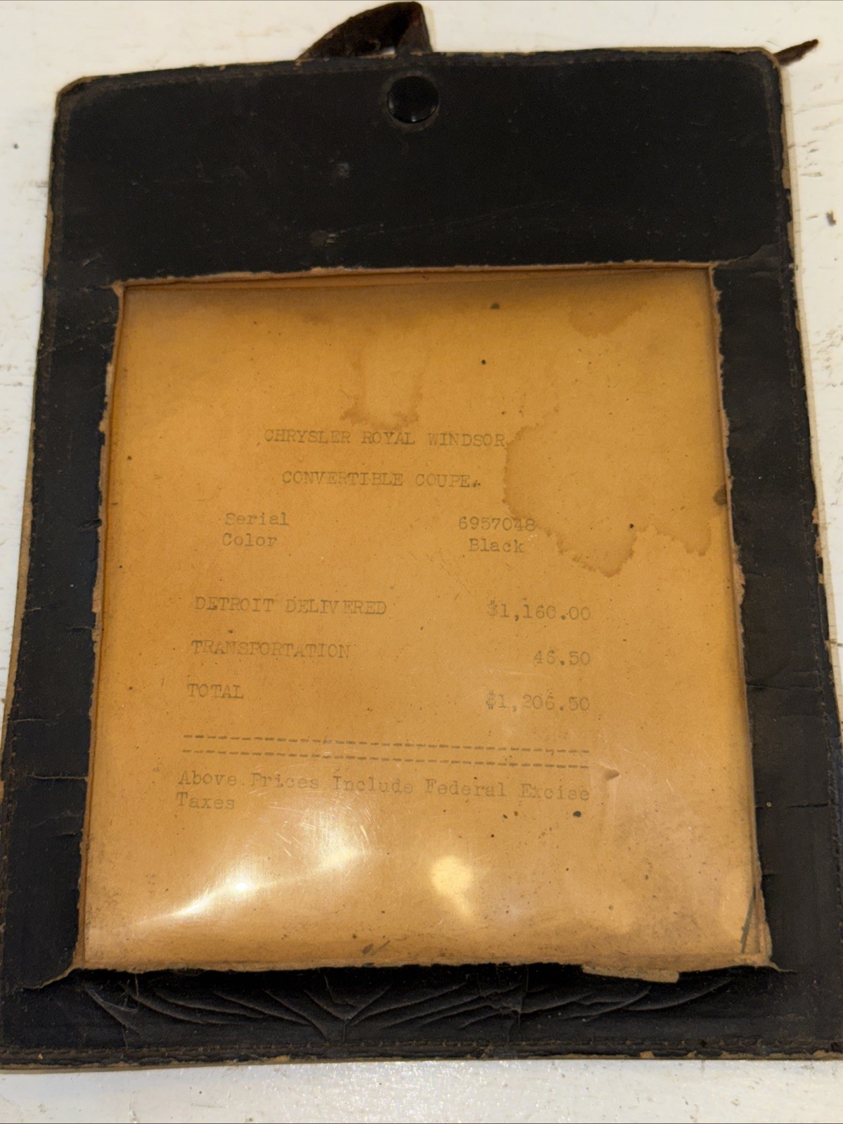 Vintage Cool Chrysler Dealer Car Invoice Window Sticker Leather Hang Bag Windsor