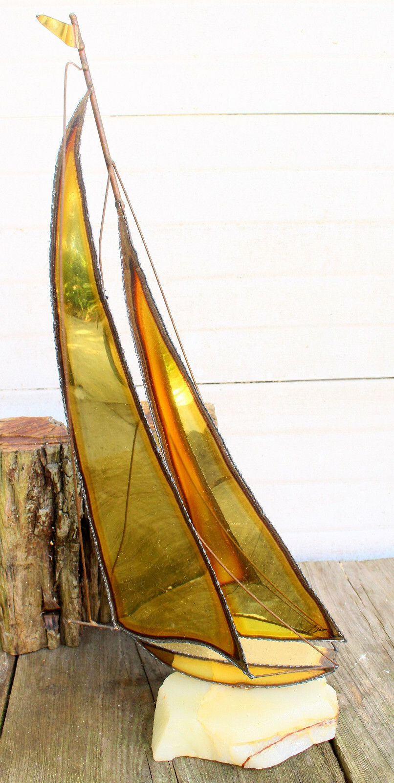 Vintage Sail Boat Model ART Brass on Marble Statue Figure Large Gift Estate OS