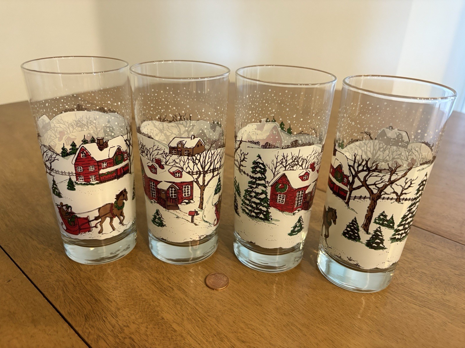 4 Vtg MCM Libbey Winter Village Glass Tumblers Barn Horse Sleigh Retro Holiday 4 Vtg MCM Libbey Winter Village Glass Tumblers Barn Horse Sleigh Retro Holiday