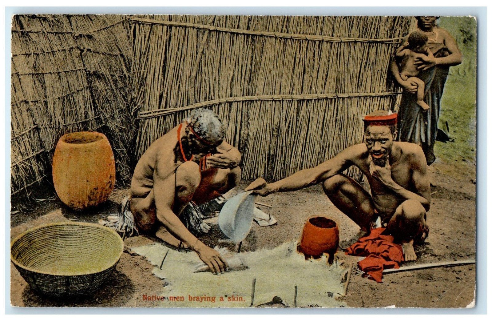 c1910 Tribe Wood House Native Men Braying A Skin Unposted Antique Postcard c1910 Tribe Wood House Native Men Braying A Skin Unposted Antique Postcard