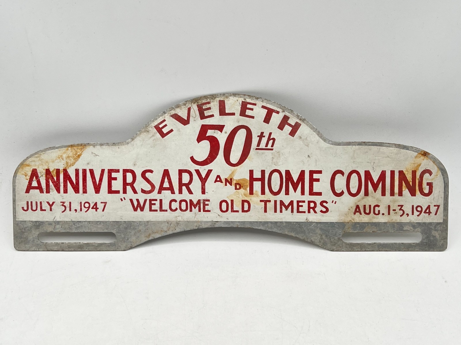 Vintage 1947 Eveleth, Minnesota 50th Anniversary Homecoming License Plate Topper Vintage 1947 Eveleth, Minnesota 50th Anniversary Homecoming License Plate Topper
