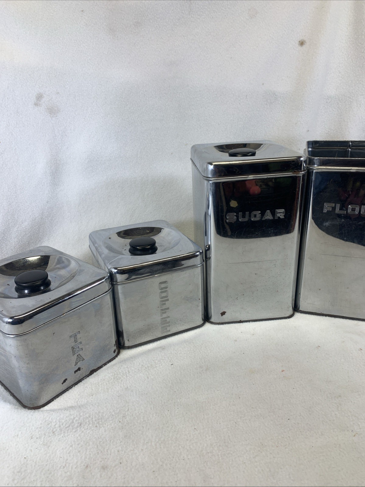 Vintage 1960s Lincoln Beautyware 4Pc Chrome Canister Set Flour Sugar Tea Coffee