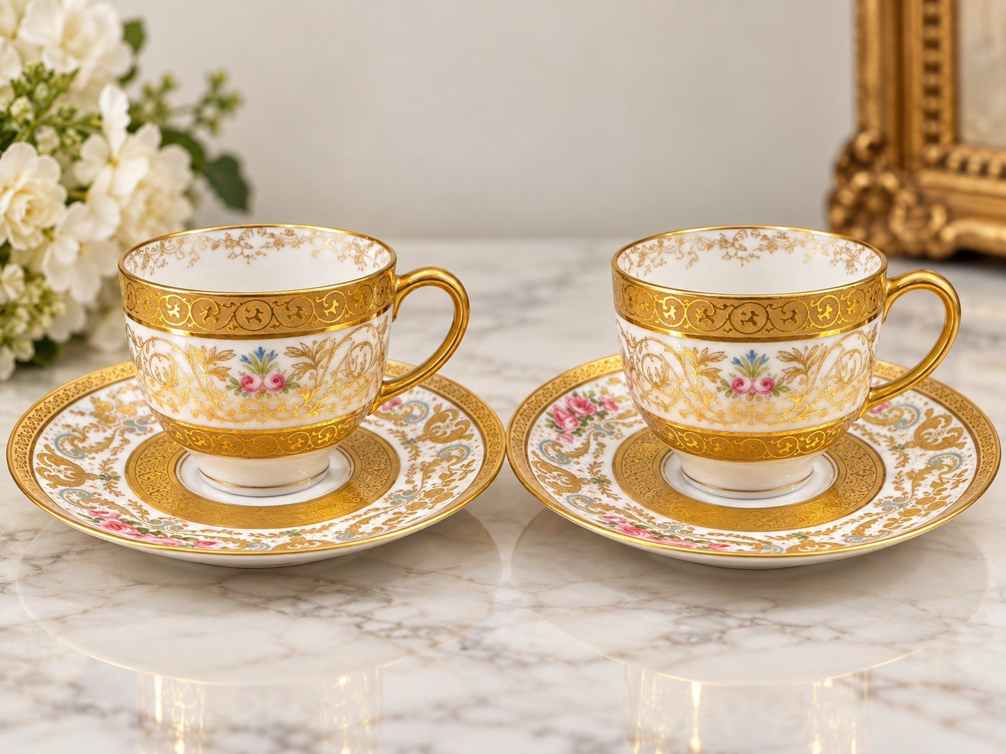 Antique Wm Guerin Limoges France 2 Cup Saucer Set Heavy Gold Floral Gilt