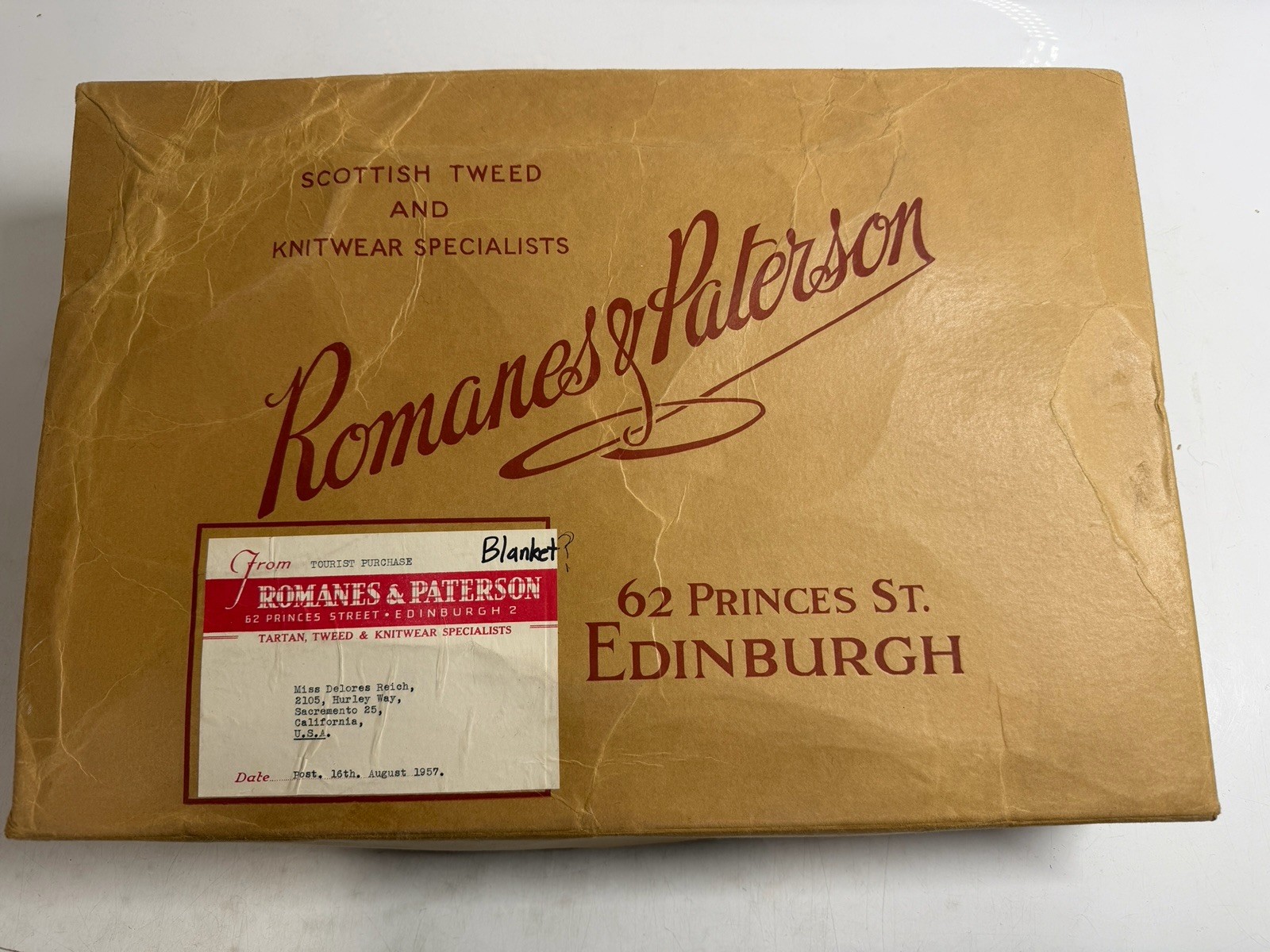 Vintage 1957 Scottish Wool Tweed Blanket Romanes & Paterson Edinburgh NOS Box