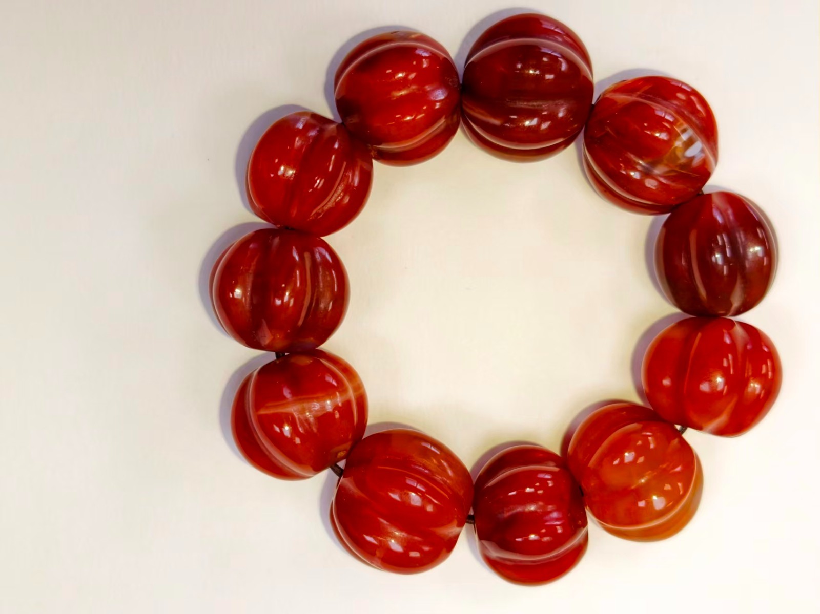 Vintage 1950s-60s Red Agate Melon-Shaped Bead Bracelet / Strand