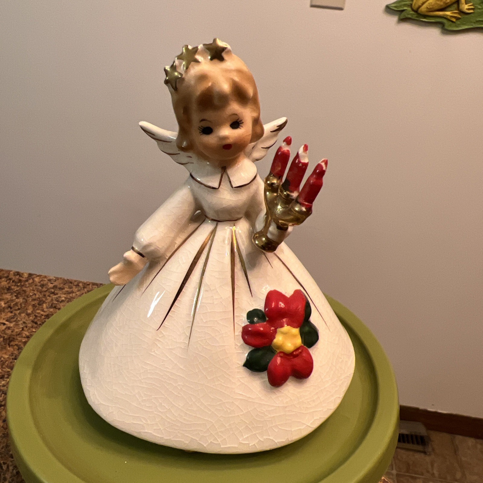 Vintage Josef Originals Christmas Angel Holding Candle, Poinsettia Dress, *READ Vintage Josef Originals Christmas Angel Holding Candle, Poinsettia Dress, *READ