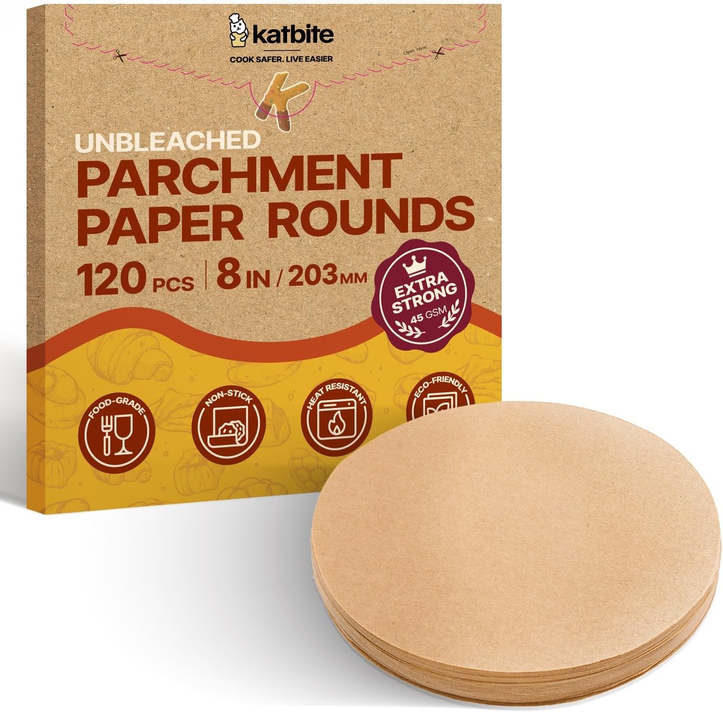Katbite Unbleached Parchment Paper Rounds, Heavy Duty, 8 Inch 120Pcs Katbite Unbleached Parchment Paper Rounds, Heavy Duty, 8 Inch 120Pcs