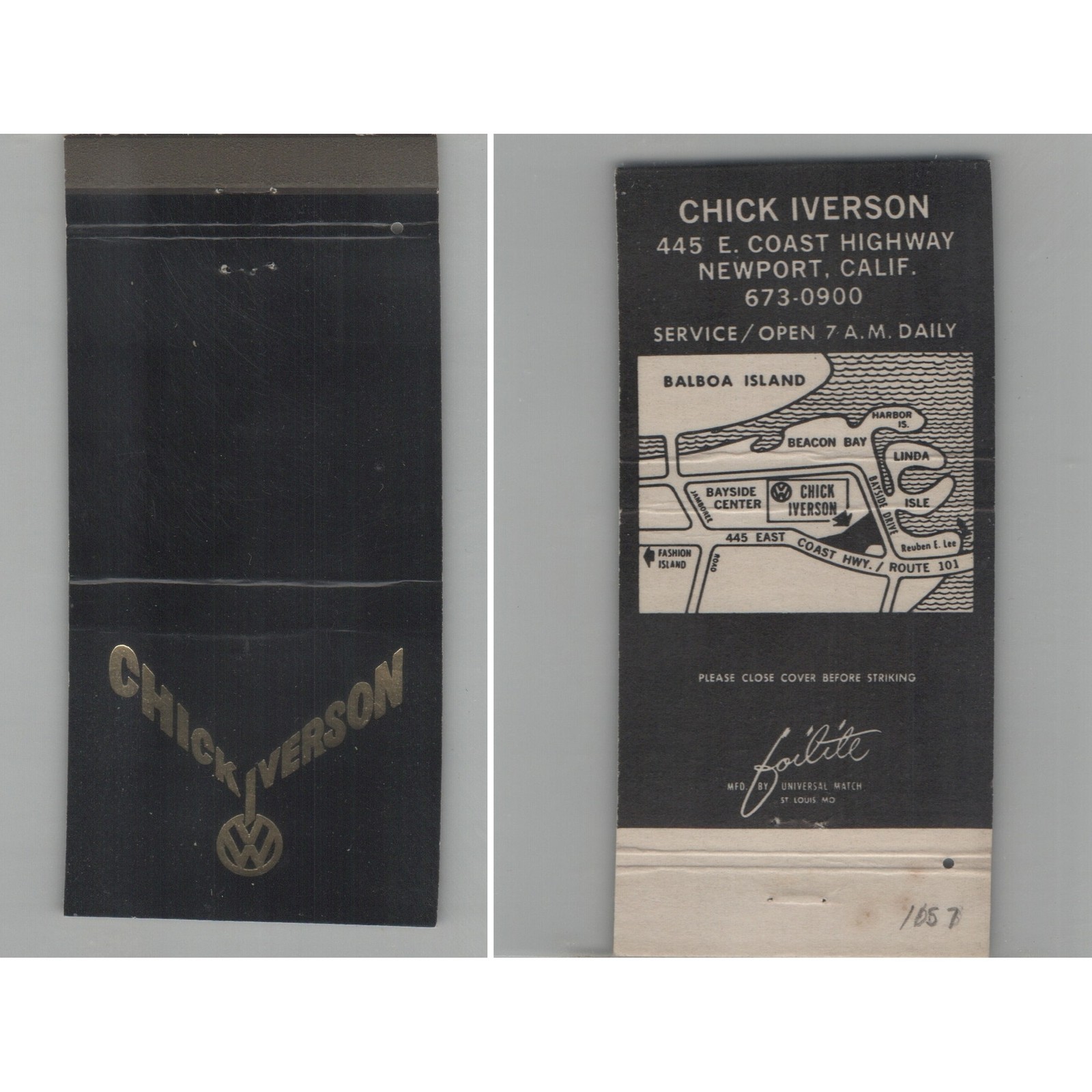 Matchbook Cover Chick Iverson Volkswagen Newport CA Matchbook Cover Chick Iverson Volkswagen Newport CA