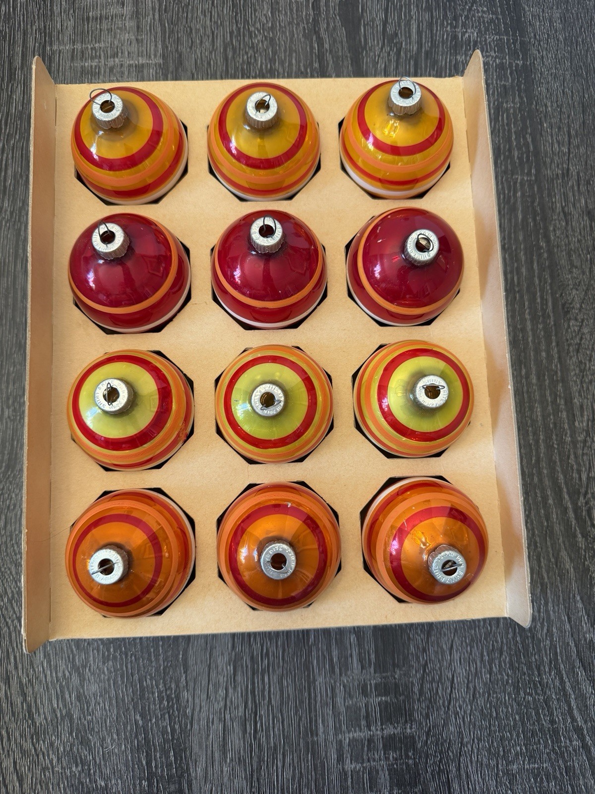 Vintage Shiny Brite RARE Chartreuse Red Orange Striped Ornaments Inner Box Mint