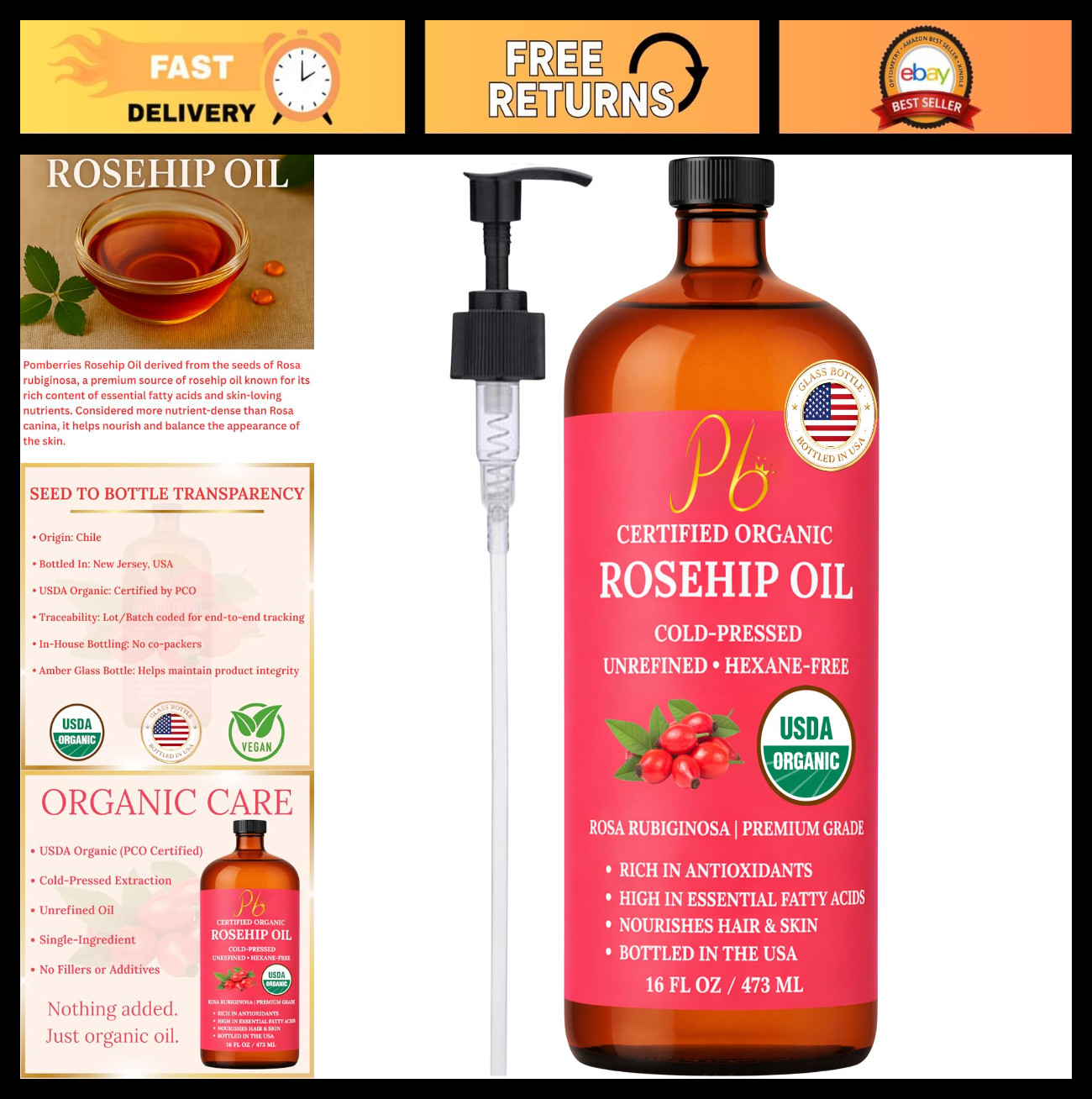Rosehip Oil – USDA Organic 100% Pure, Cold-Pressed & Unrefined, Rosehip Oil for