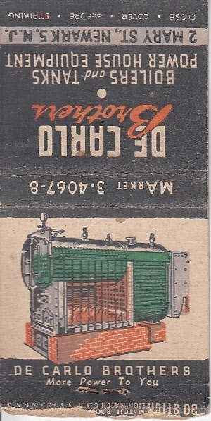 De Carlo Brothers Boilers 2 Mary St. Newark NJ Illustrated Old Matchcover