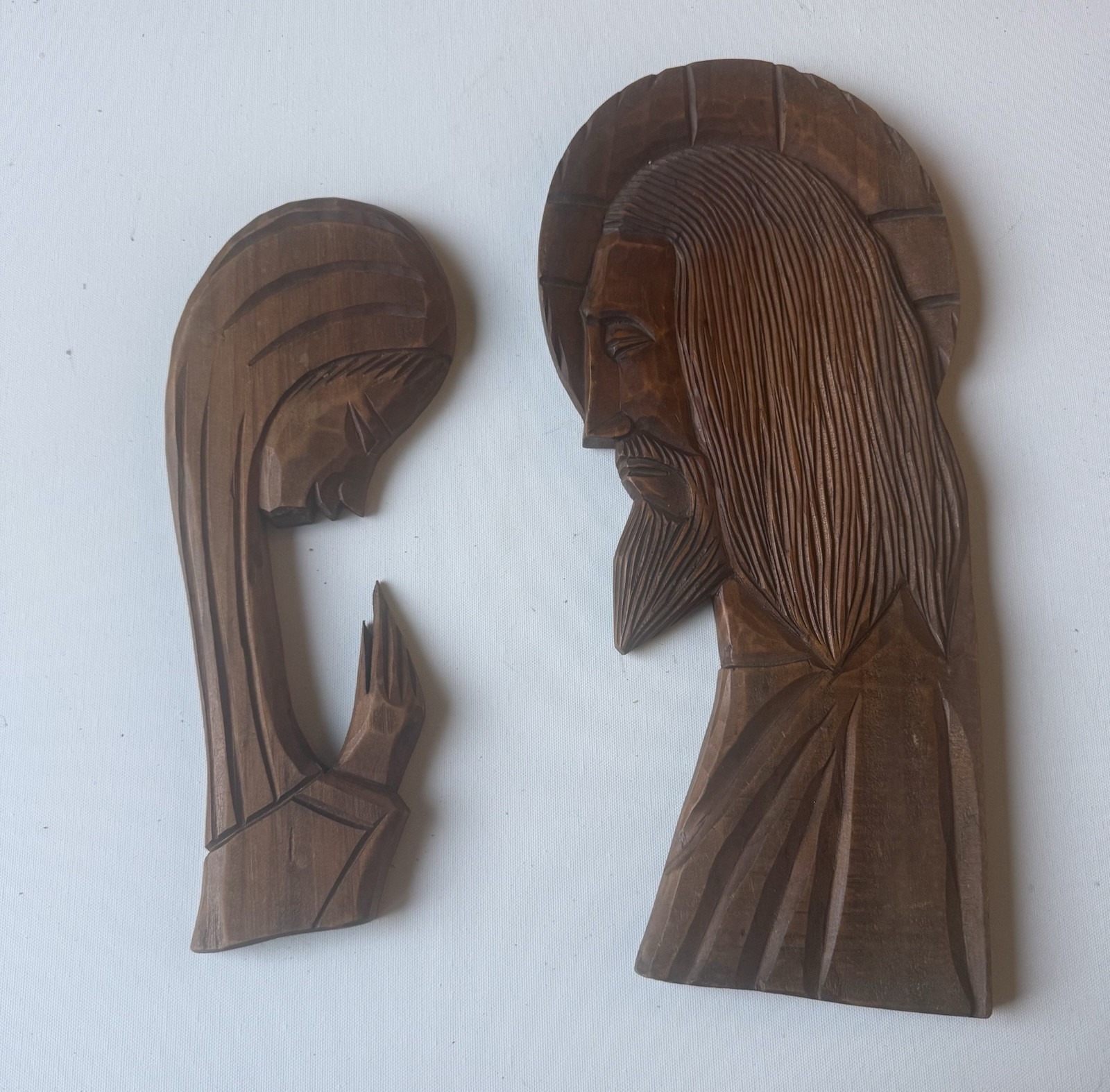 Vtg Mid Century Modern Carved Wood 17” Jesus & 13” Mary Profile Wall Plaque Set