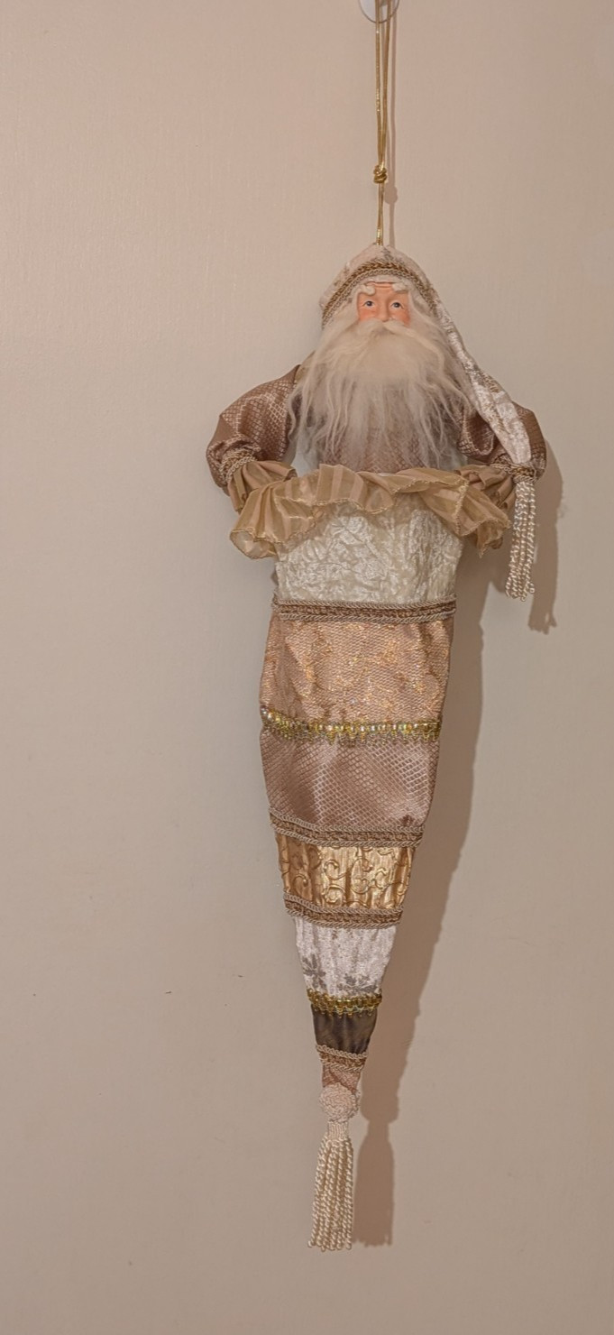 Vintage Rare Neiman Marcus Victorian style Santa Stocking. Porcelain, Fabric 32\