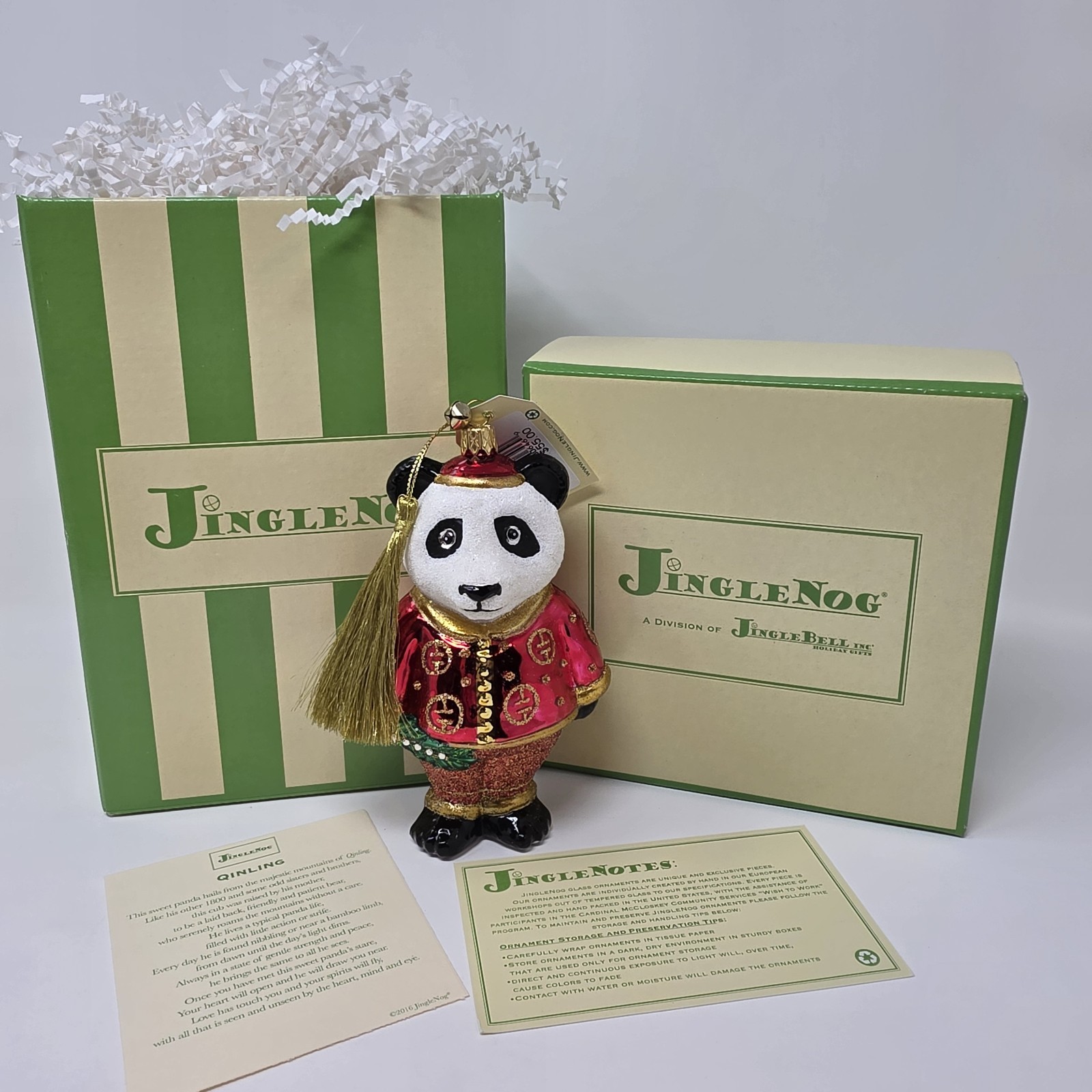 NIB JingleNog Qinling Panda Ornament #80437 Hand Blown & Painted in Poland