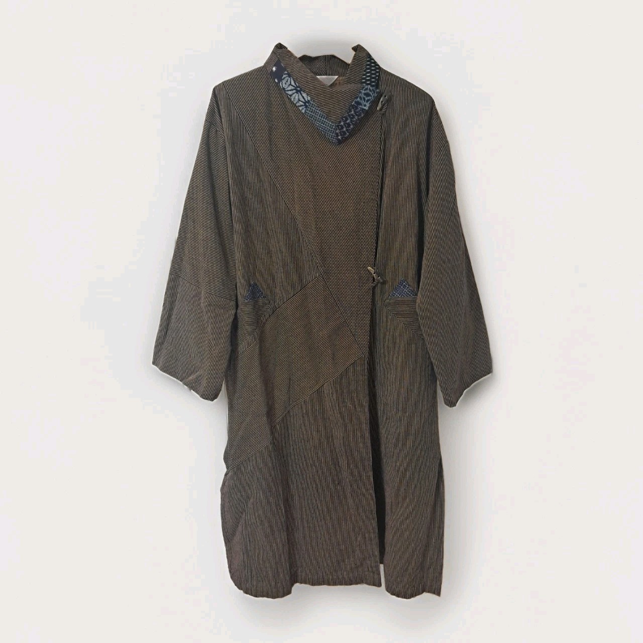 Vintage Japanese Kasuri Boro Patchwork Duster Coat Pinstripe Horn Toggle Japan