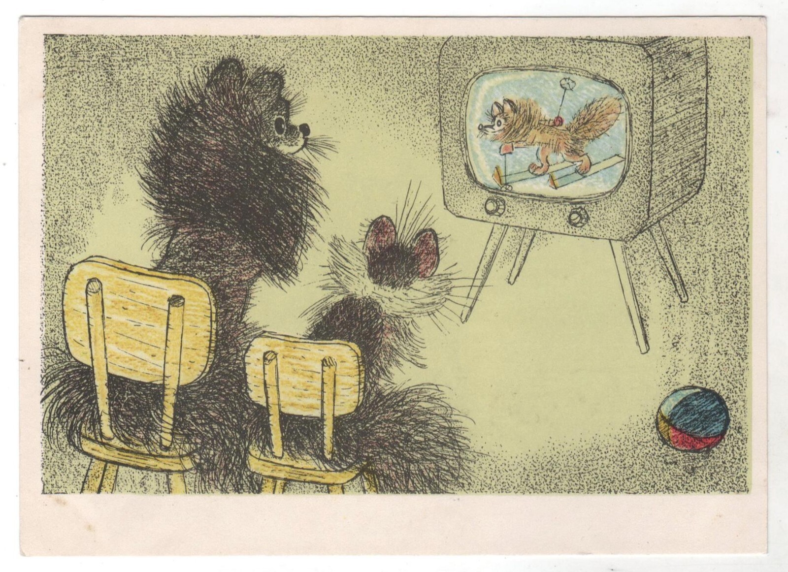 1966 Fairy Tale Fanny FOX Watch TV Olympic news Sport ART RUSSIAN POSTCARD Old