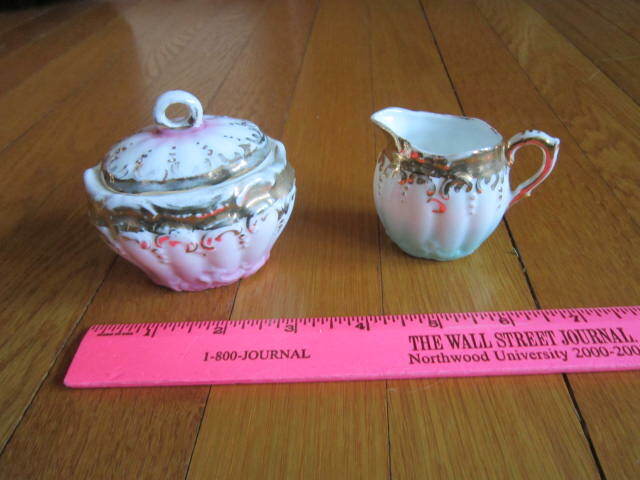 Vintage Individual Creamer & Sugar Bowl Mini Ornate Gold Trim White Pink Aqua