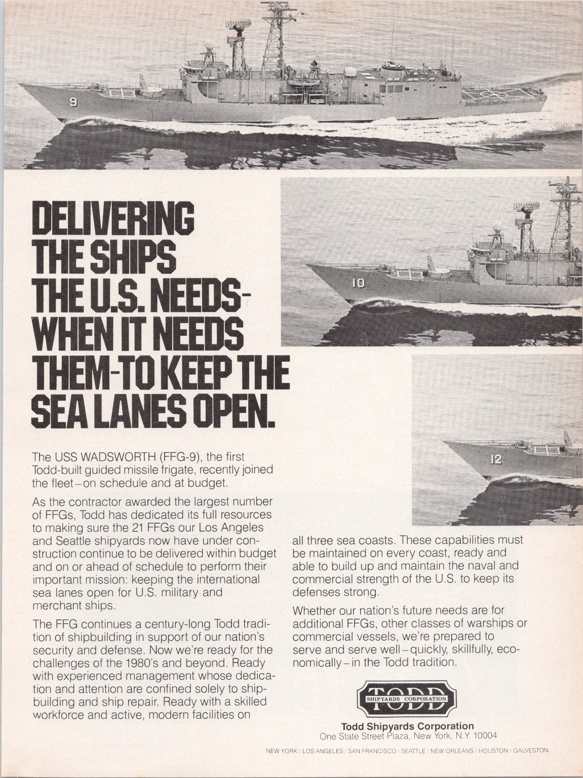 Todd Shipyards Vintage Magazine Ad USS Wadsworth FFG-9 US Navy 1980s Todd Shipyards Vintage Magazine Ad USS Wadsworth FFG-9 US Navy 1980s
