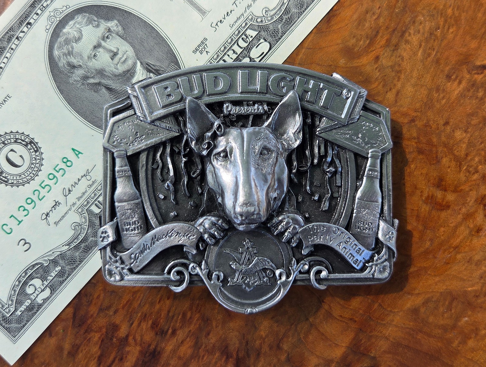 1987 BERGAMOT BRASS WORKS Bud Light/Spuds McKenzie Belt Buckle-UNUSED/EX