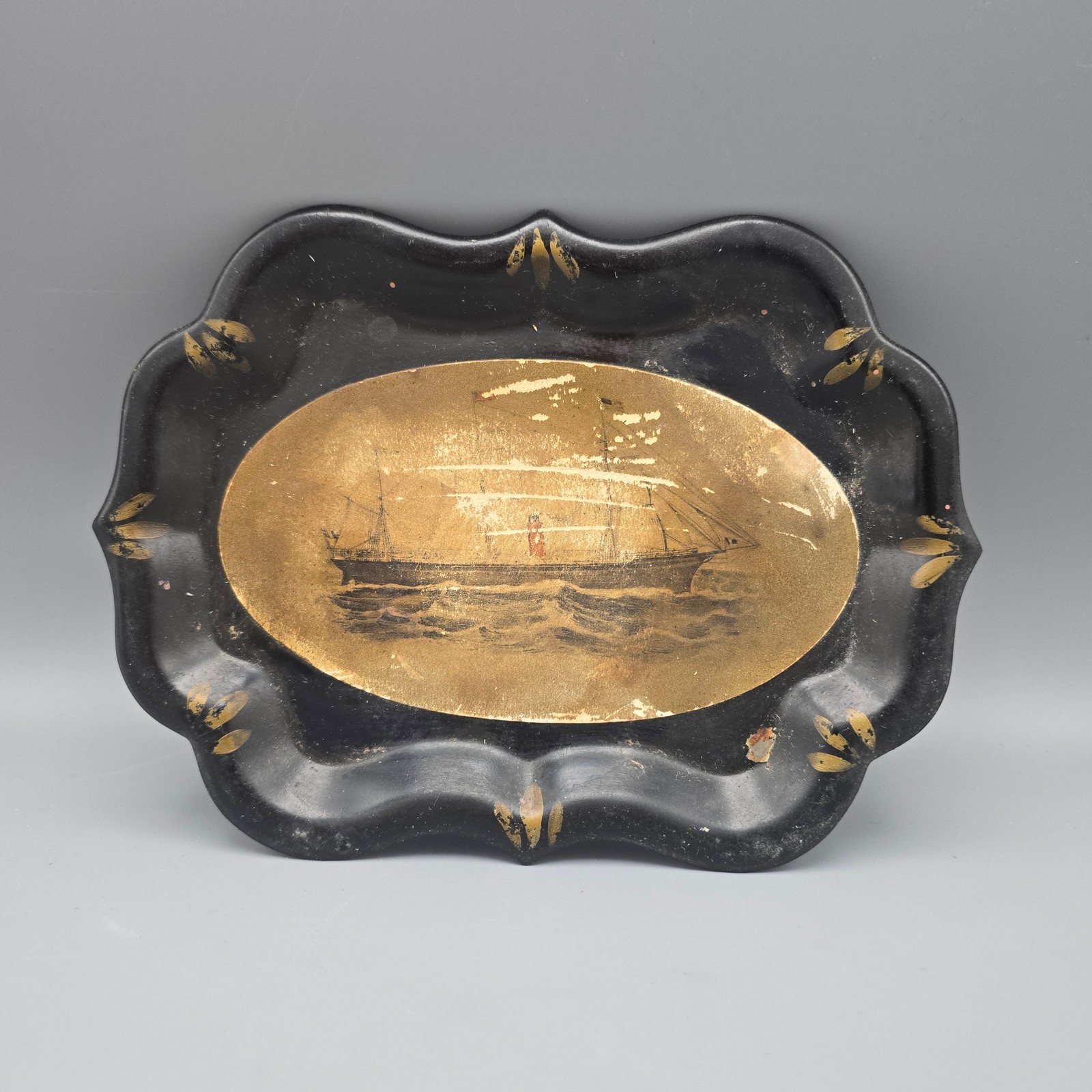 Antique Papier Mache Tray with Decoupage Sailing Ship Print