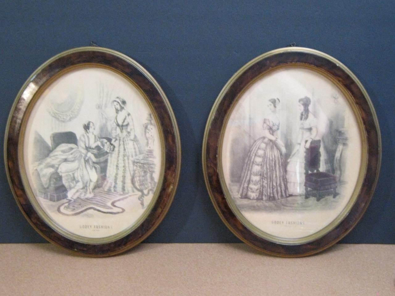 Antique SET Pair Oval 2 Frames Godey Ladies FashionS Pages 1850 Dress Wall Art
