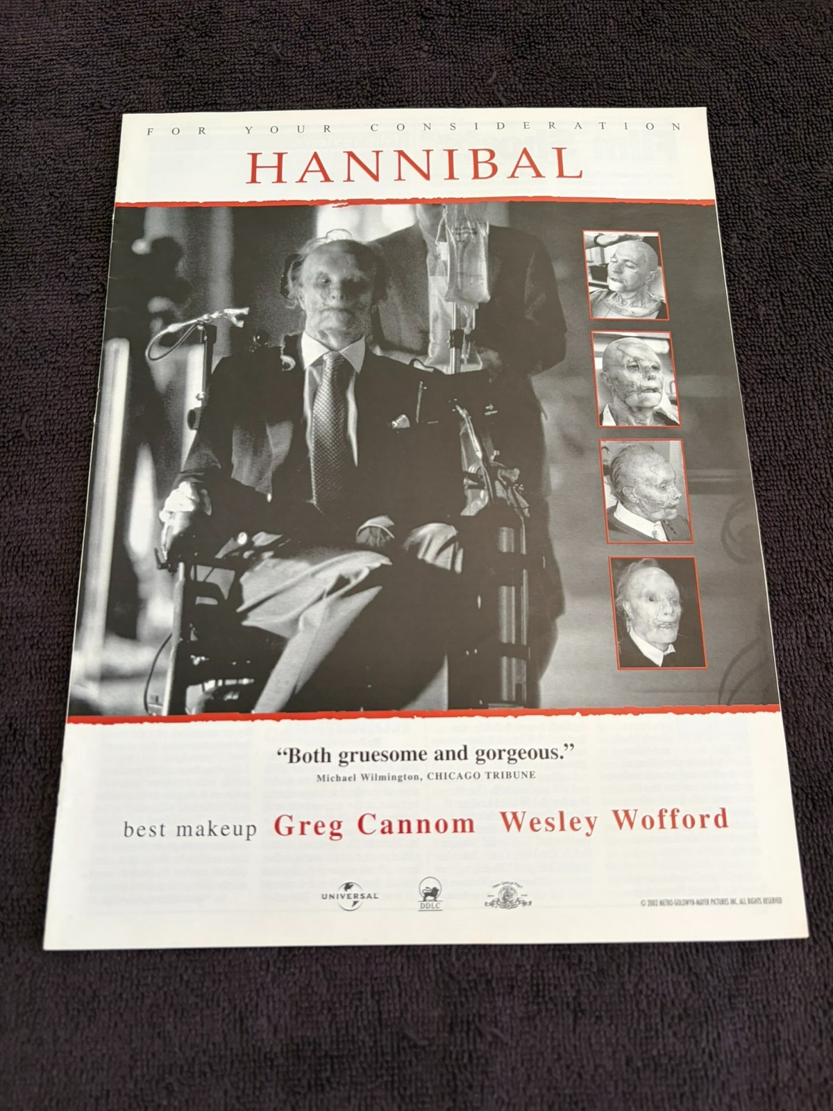 HANNIBAL 2000 Oscar ad with villain Mason Verger in wheelchair, Best Makeup