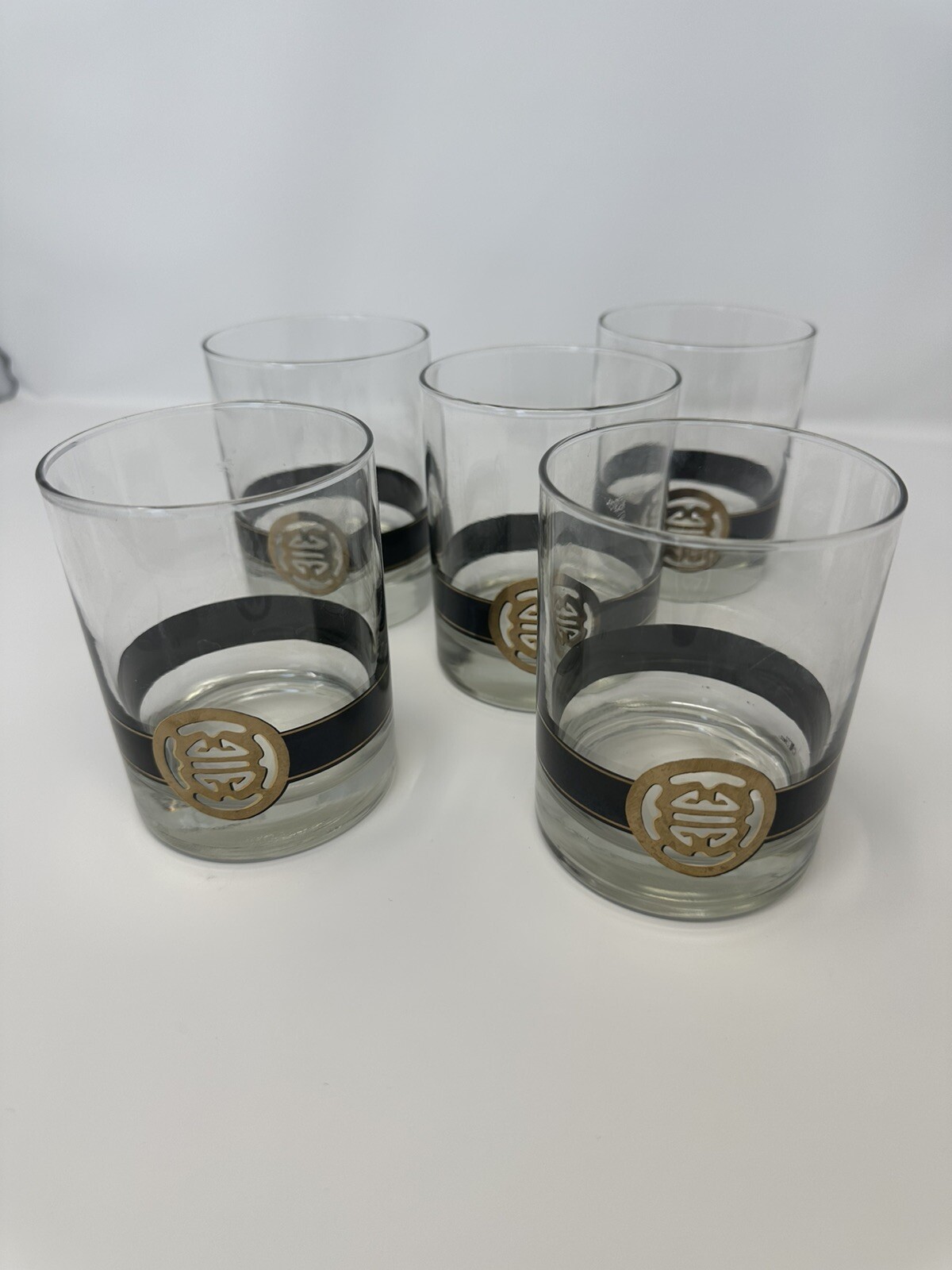 5 Vintage MCM 1960’s Cera Lowball Whiskey Glasses with Gold Chinese Shou Symbol 5 Vintage MCM 1960’s Cera Lowball Whiskey Glasses with Gold Chinese Shou Symbol