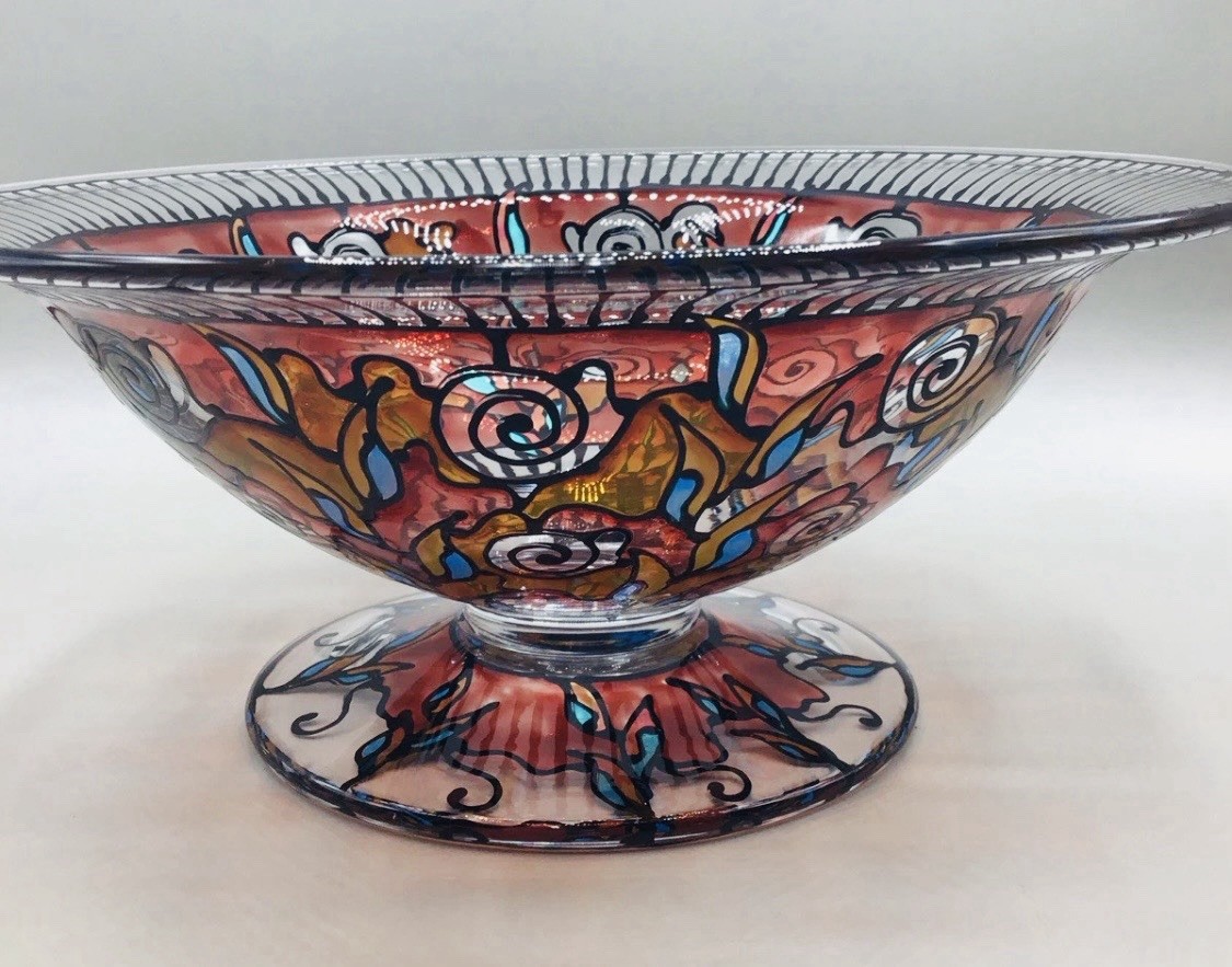 Large Art Deco Bohemian Czech HAIDA? Heavily Enameled Glass Centerpiece Bowl 13”