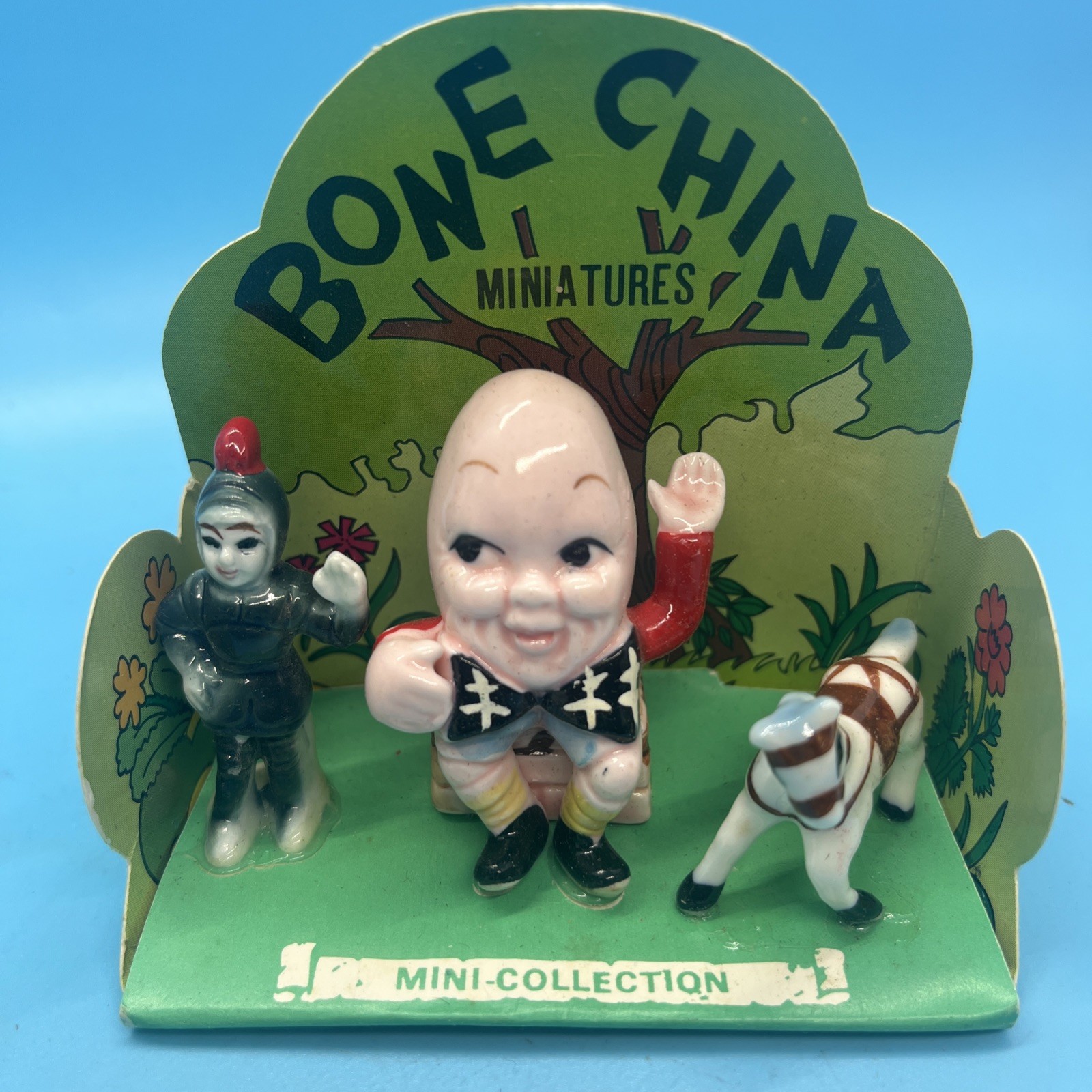Vintage Mini Bone China Nursery Rhyme Figurines Humpty Dumpty 3pc Set Open Box