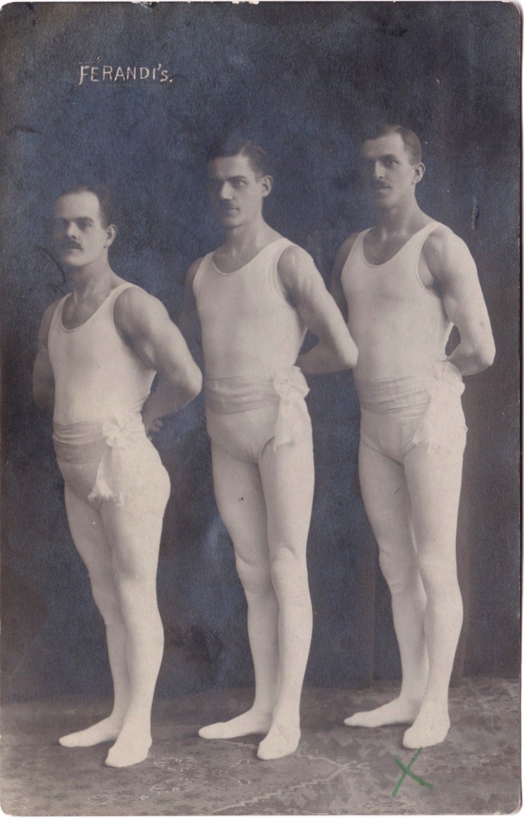 Vintage RPPC - Three handsome acrobats - \
