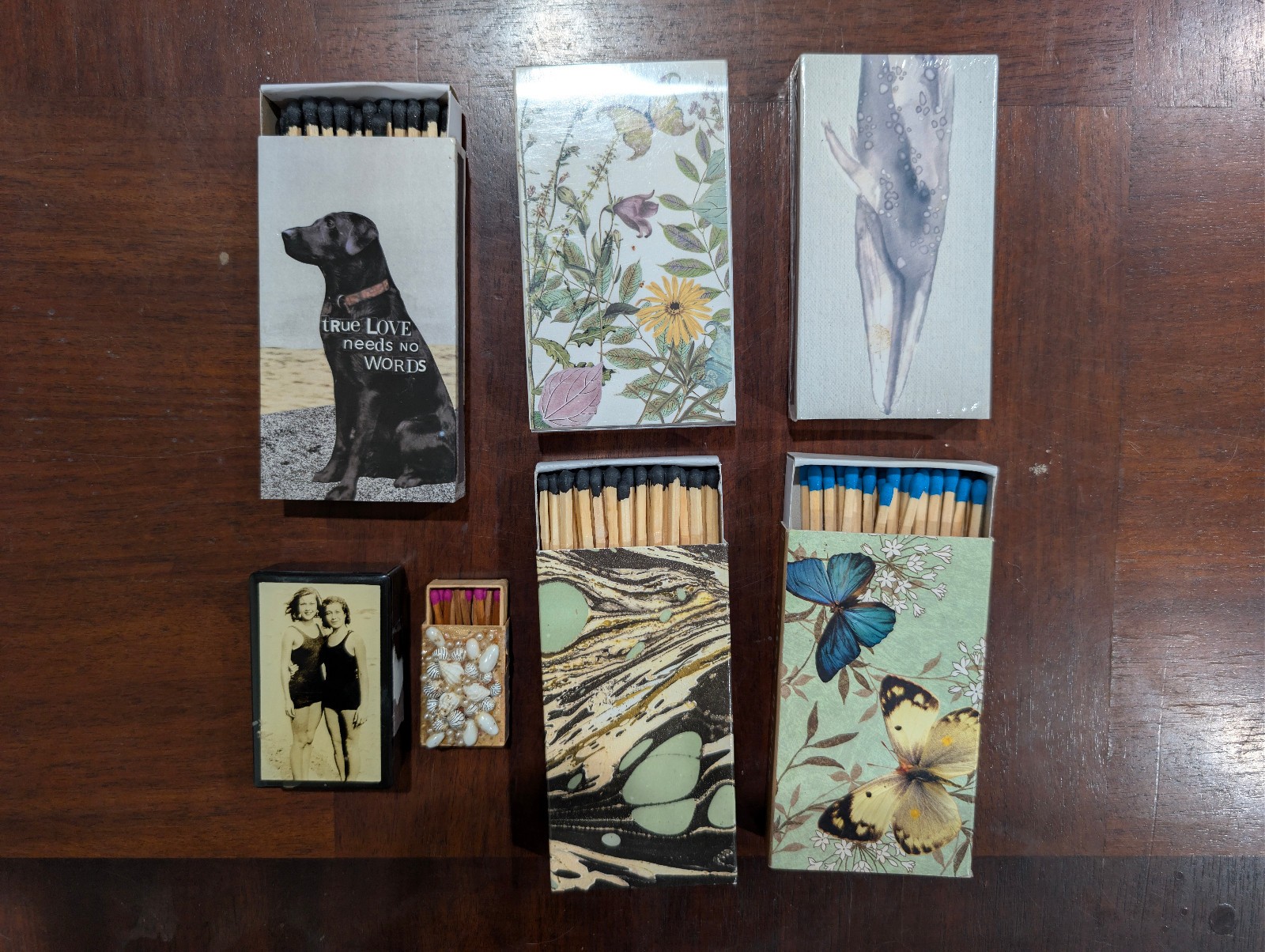 Vintage Decorative Matchbox Lot HomArt PPD Hungary Marbled Botanical Dog 6pc