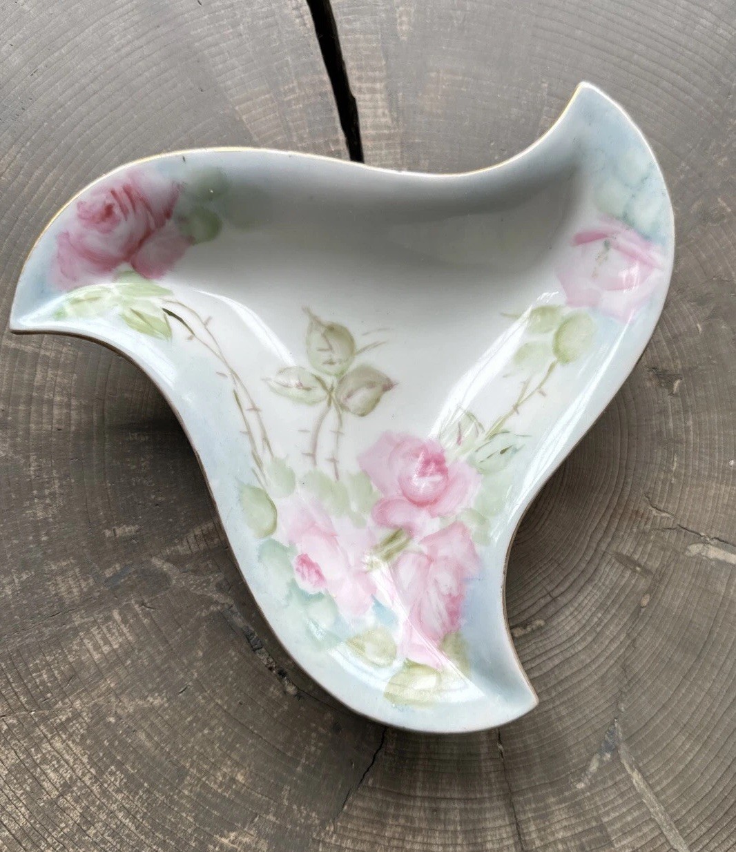 VINTAGE Vignaud Limoges France HandPainted Jewelry Bowl Gold Accent & Pink Roses