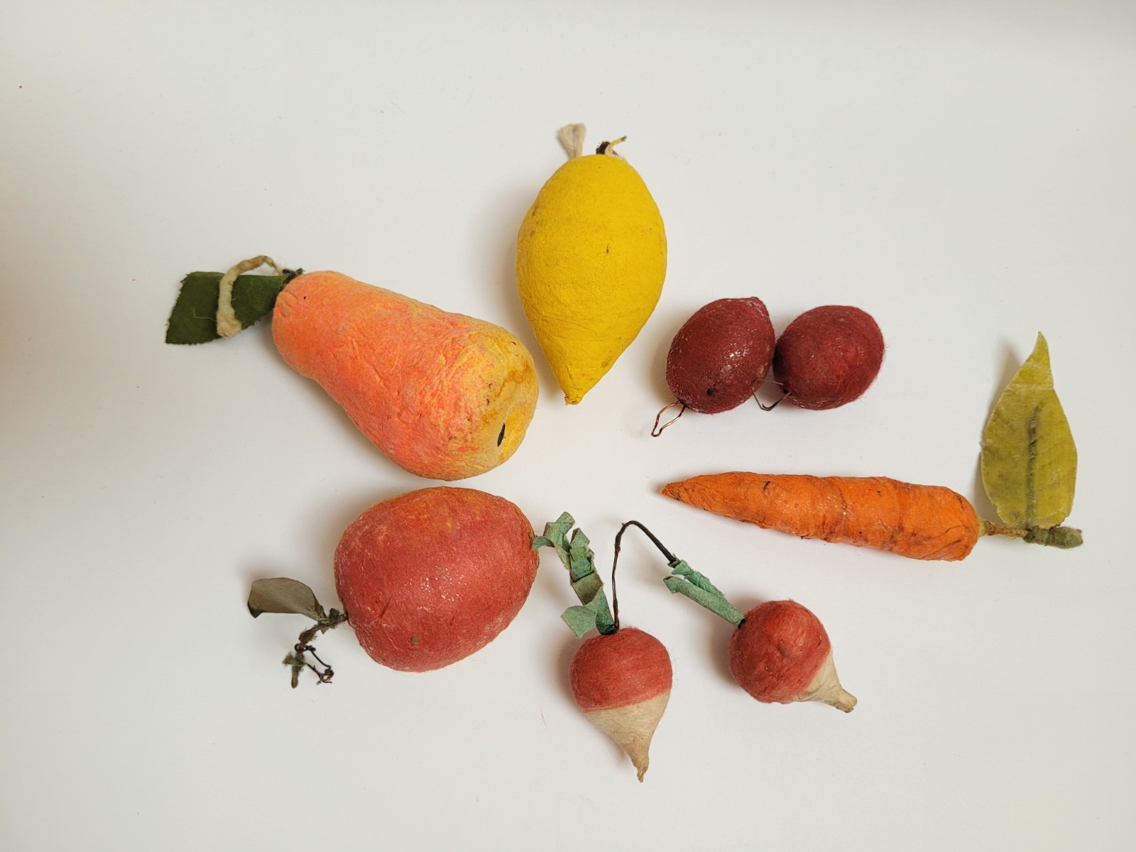 Vintage Spun Cotton Christmas Ornaments Fruits Vegetables Lot of 8