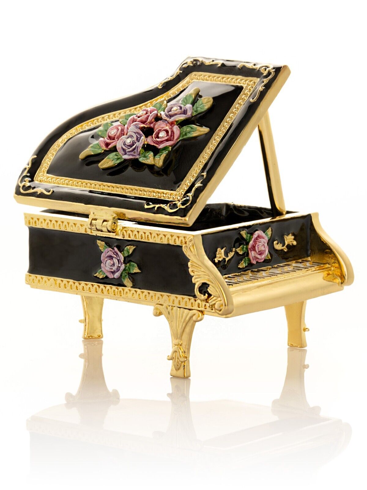 Keren Kopal Black piano with flower Trinket  Box Decorated &Austrian Crystals