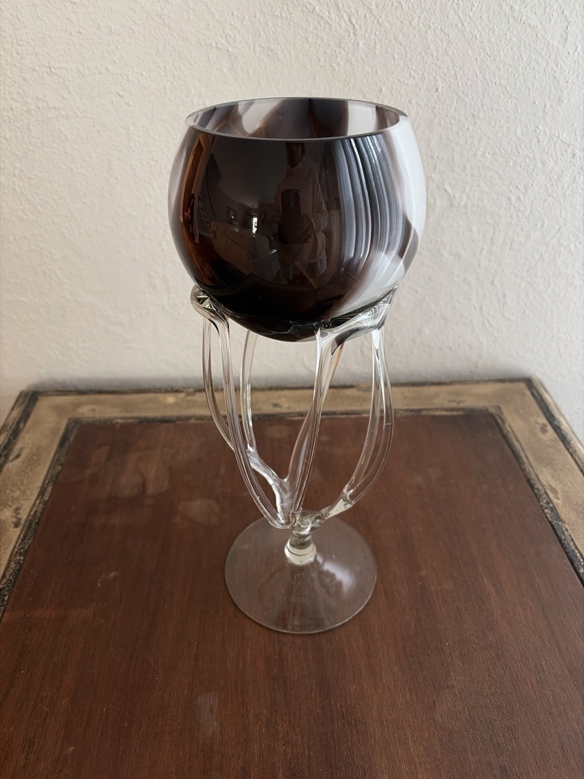 Vintage Hand Blown Art Glass Goblet Smoke Brown Applied Cage Spider Stem 11.5” Vintage Hand Blown Art Glass Goblet Smoke Brown Applied Cage Spider Stem 11.5”