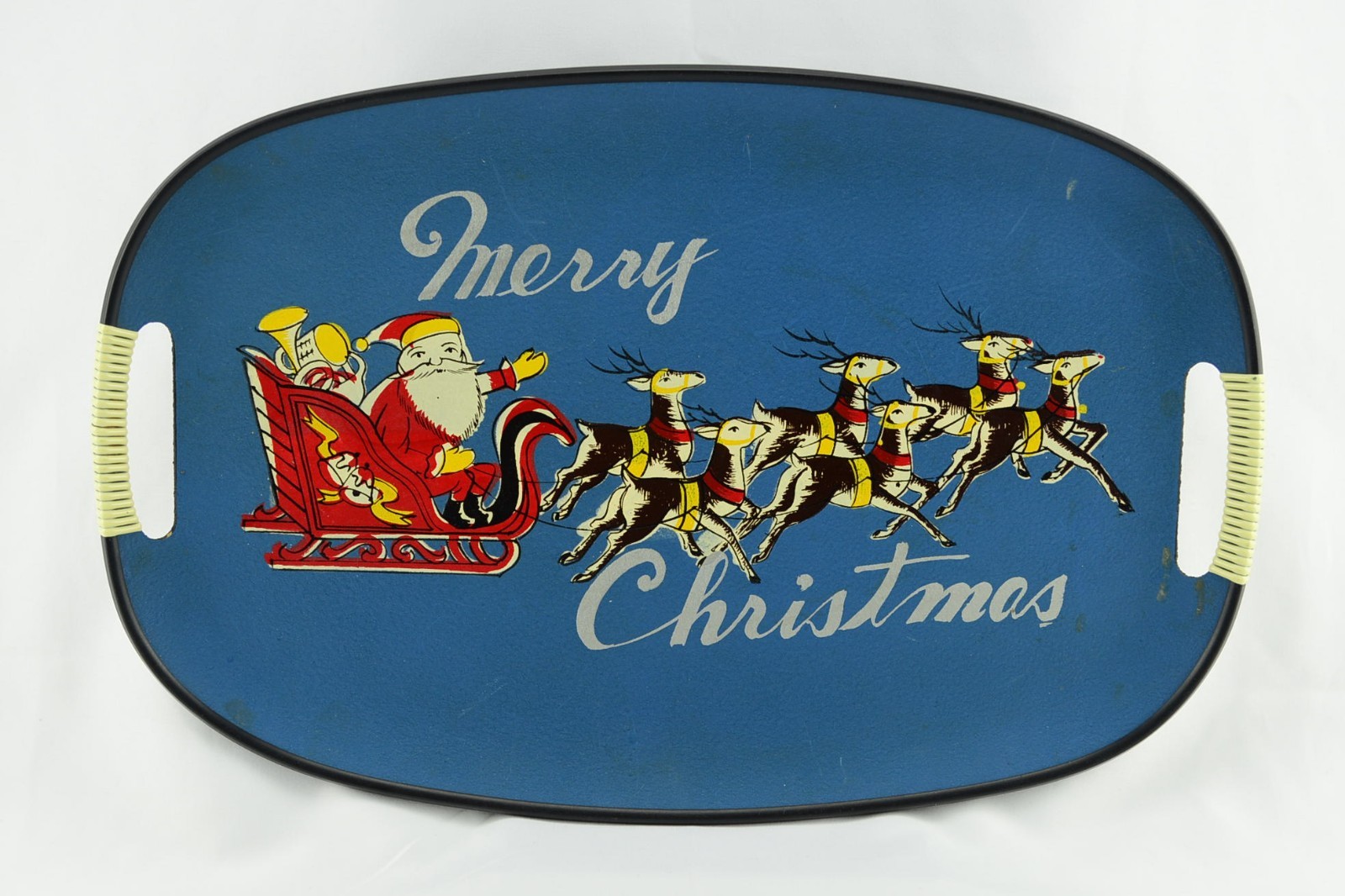 Vintage Merry Christmas Santa Claus and Reindeer Blue Fiberboard Serving Tray