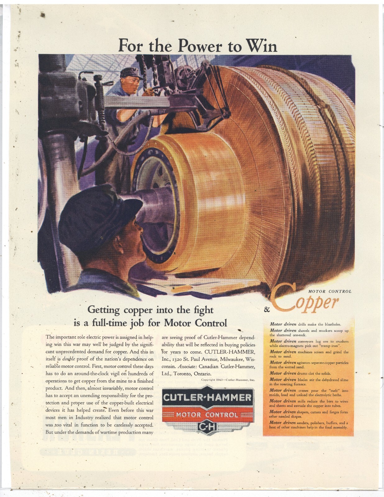 1943 Cutler Hammer Motor Controls Ad: World War Two Theme - Power to WIN