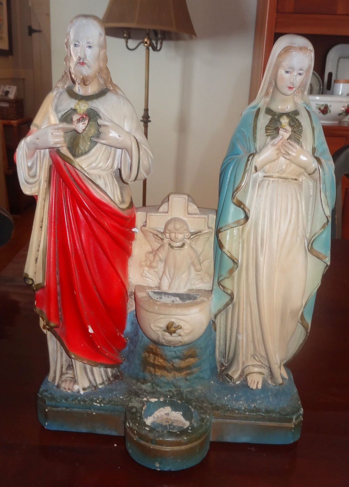 Vintage 1928 Chalkware Alter Statue Jesus Mary Sacred Heart Approx. 16\