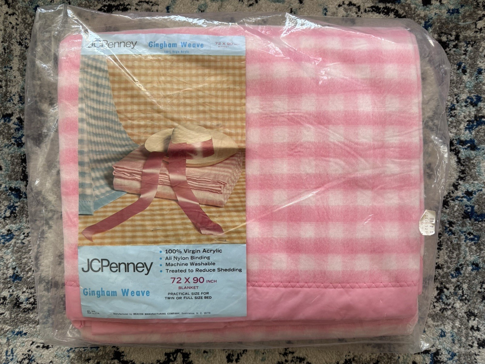 Vtg Penney’s JCPenney Blanket Pink Gingham Check Acrylic Satin Trim NOS 72x90