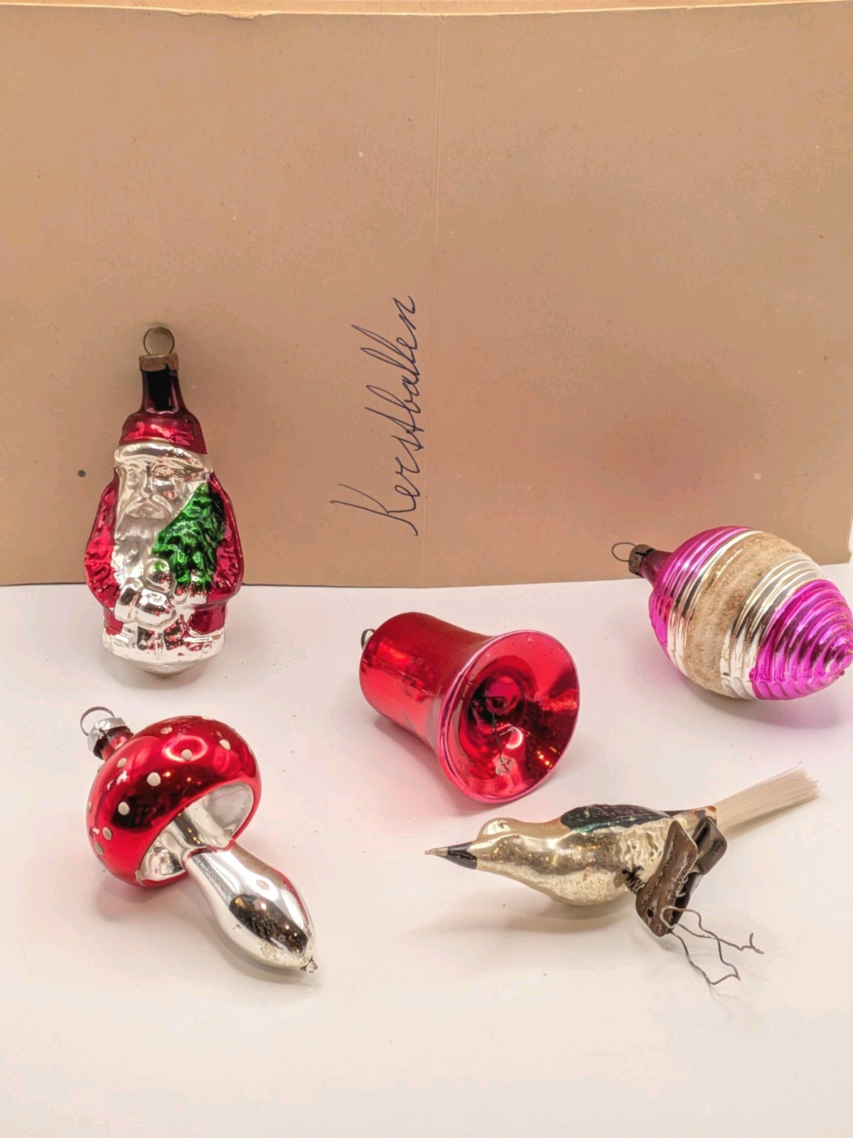 Vtg Mercury Glass Christmas Ornaments Mushroom Bird Santa German/Poland~5~Boxed 