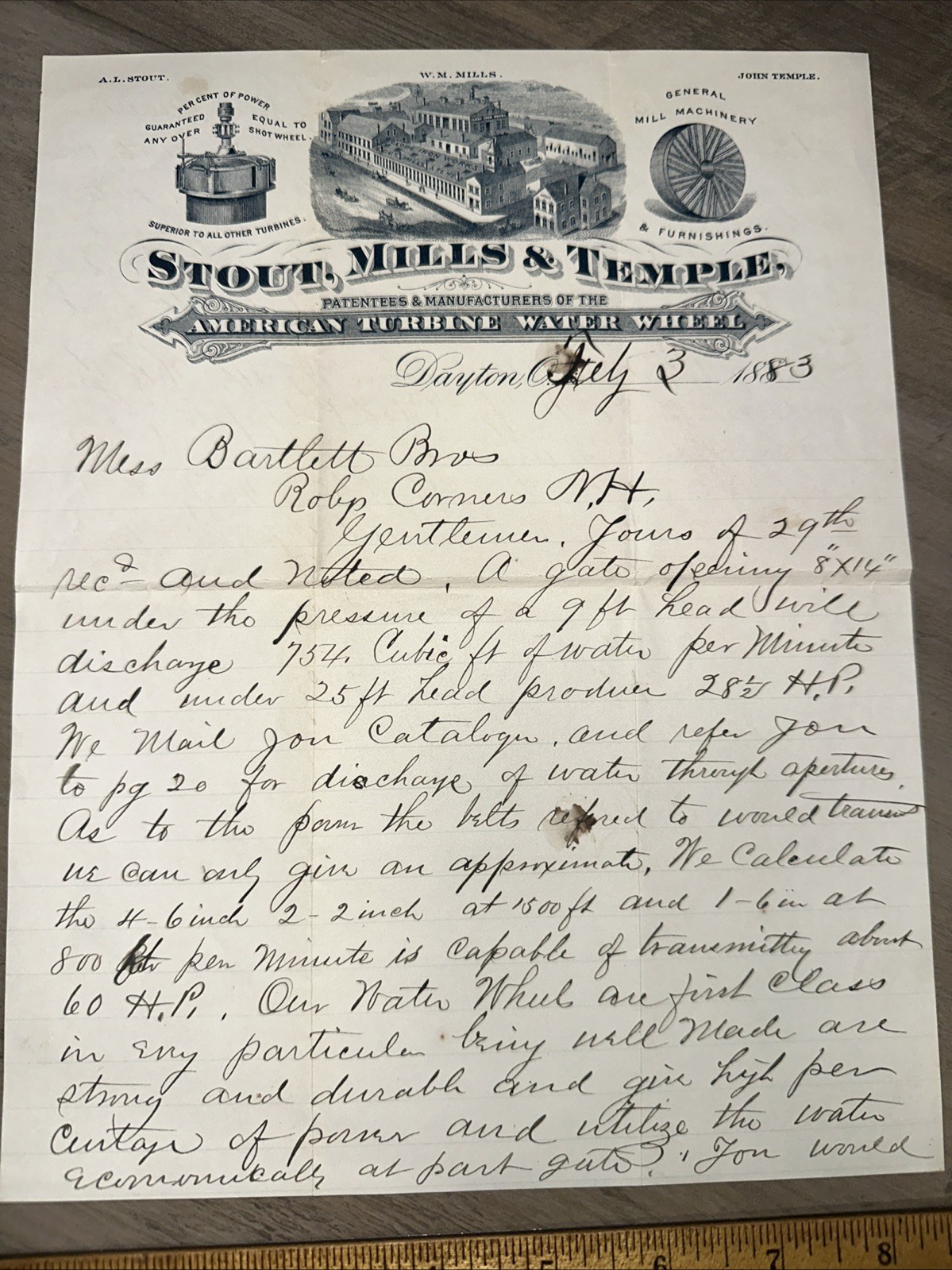 Antique Billhead Stout, Mills & Temple American Turbine Water Wheel 1883 Letter￼