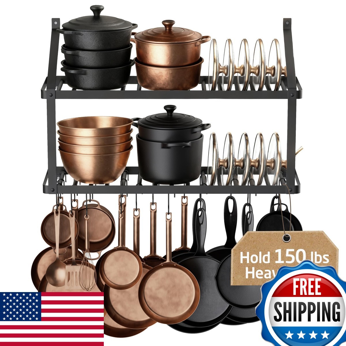 KES Pot Rack Wall Mounted 34 Inch 150 lb 20 Hooks Matte Black KUR528S88-BK
